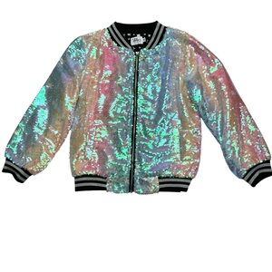 Lola + The Boys Care Bears Colorful Sequin Bomber Jacket